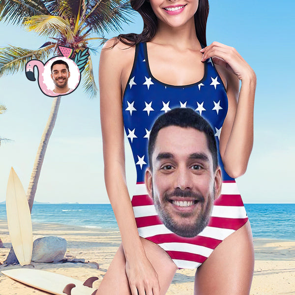 Custom Bathing Suit with Face American Flag Style Swimsuit