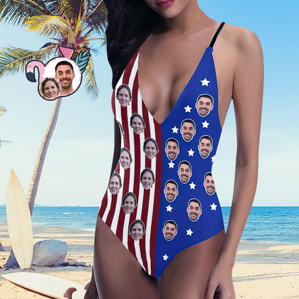 American Flag Bathing Suits Face Swimsuit Custom One Piece Backless Bathing Suit