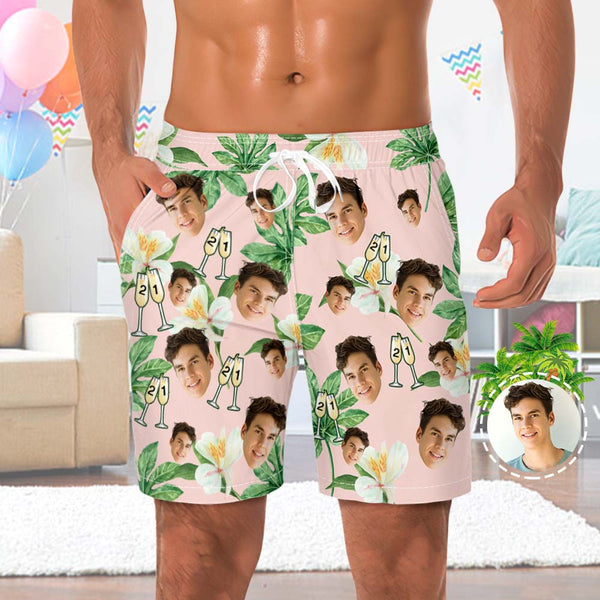 Custom Face Beach Shorts Number in Wine Glass Pink And Green Sleeves Face Beach Trunks Gift for Him