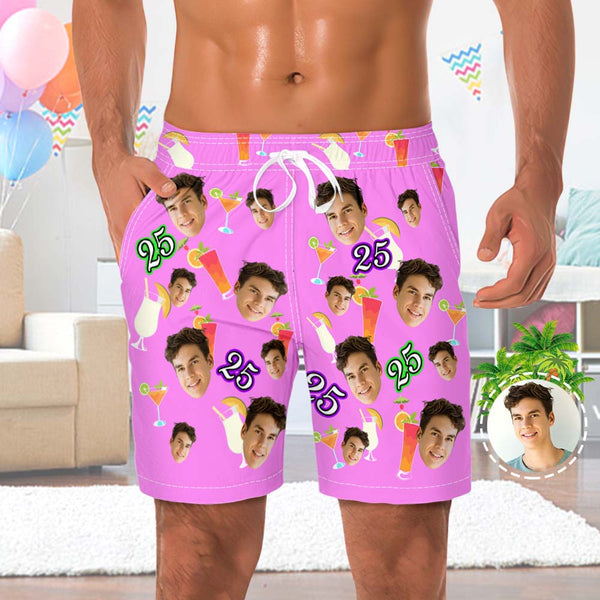 Custom Pink Face And Age Beach Shorts Desserts and Drinks Beach Trunks