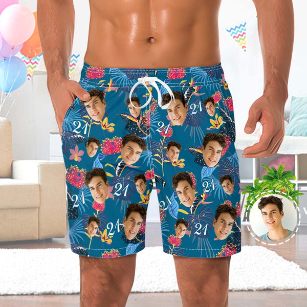 Custom Face Beach Shorts Number And Face Beach Shorts Dark Blue Sleeves And Pink Flowers