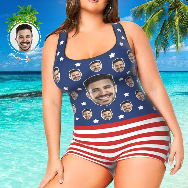 Best Plus Size Swimwear Face Swimsuit Custom Bathing Suit with Face - American Flag Stripe