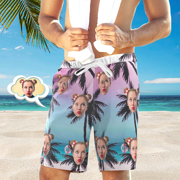 Men's Custom Face Beach Trunks All Over Print Photo Shorts - Palm