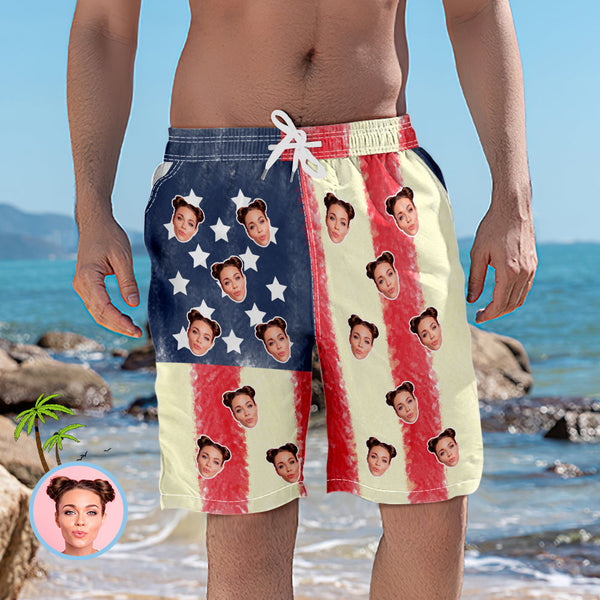 Custom Face Swim Trunks Mens Swim Shorts with Pictures - Artistic American Flag
