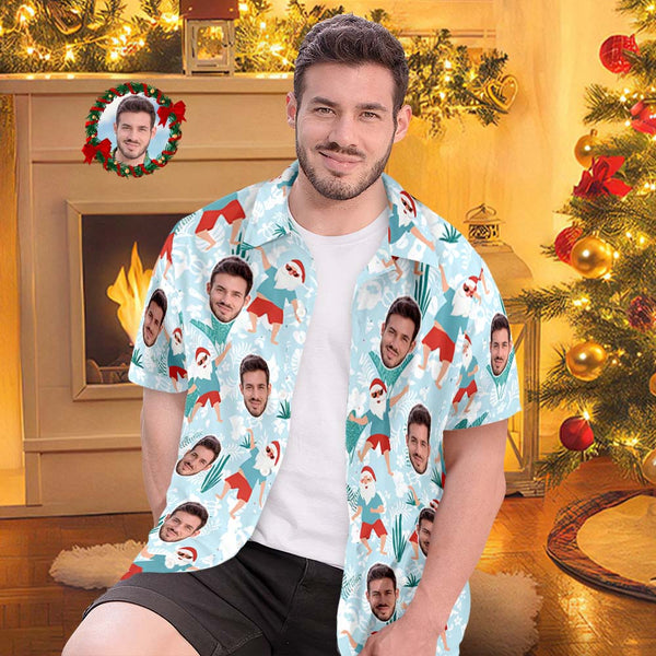 Custom Face All Over Print Men's Hawaiian Shirt Cheerful Dancing Santa Christmas Hawaiian Shirt