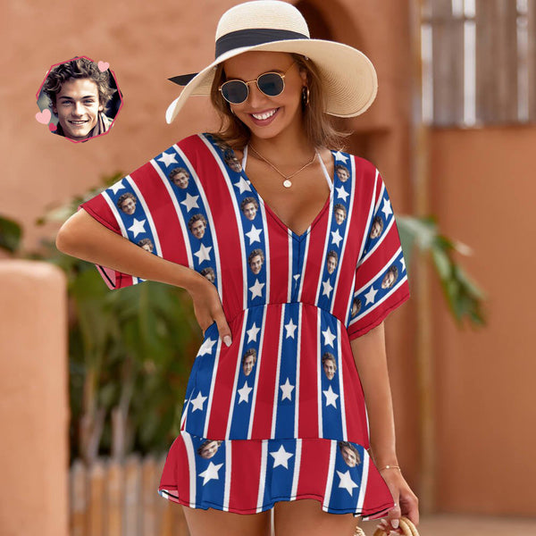 Custom Face Beach Wrap American Flag Beach Stars and Stripes Cover Ups