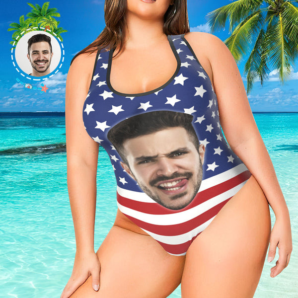 Best Plus Size Swimsuit Custom American Flag Bathing Suit with Face