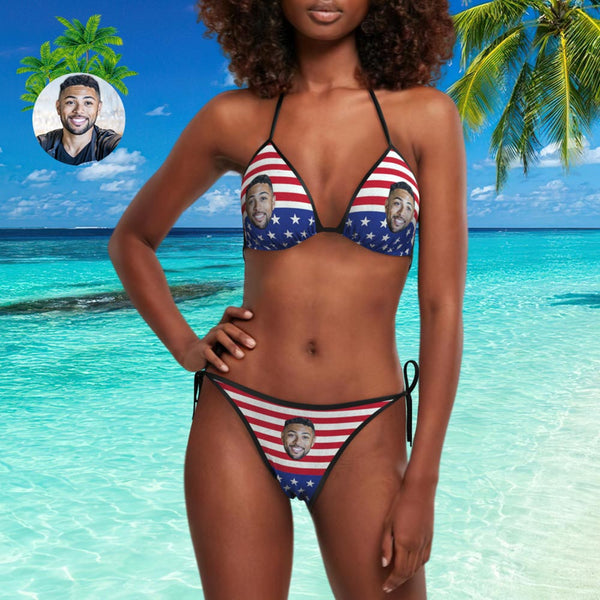 Face Bikini Custom Bikini with Husband Face American Flag Stripe Swimsuit
