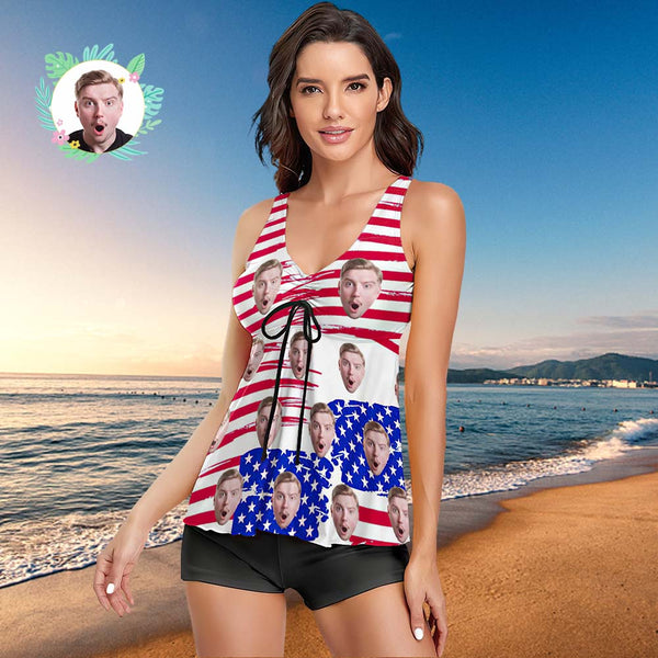 Custom Face Swimsuit American Flag Style Tankini Two Piece Swimsuits